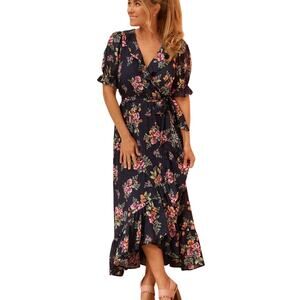 LC Lauren Conrad Floral Waffle Wrap Tie Ruffle Maxi Dress Navy Blue 4X Plus NWT